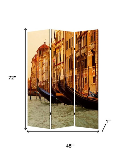 72" Brown Canvas Folding Three Panel Screen Room Divider