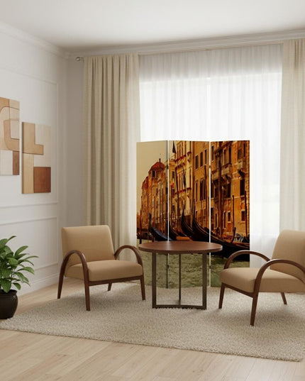 72" Brown Canvas Folding Three Panel Screen Room Divider