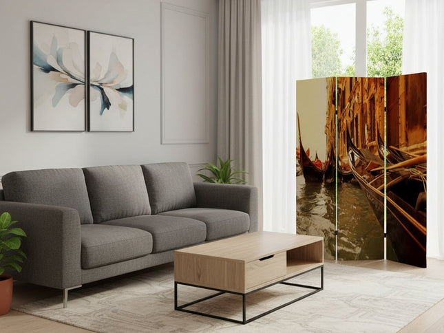 72" Brown Canvas Folding Three Panel Screen Room Divider