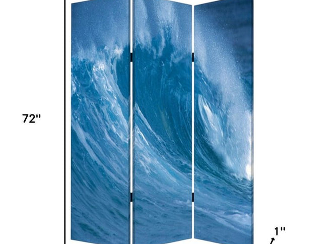 72" Blue And White Canvas Folding Three Panel Screen Room Divider