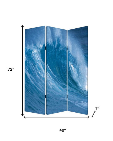 72" Blue And White Canvas Folding Three Panel Screen Room Divider