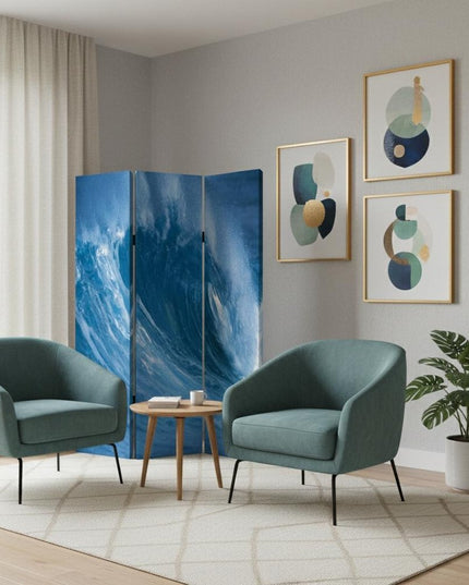 72" Blue And White Canvas Folding Three Panel Screen Room Divider