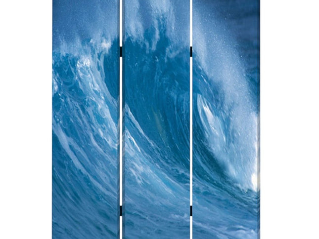 72" Blue And White Canvas Folding Three Panel Screen Room Divider