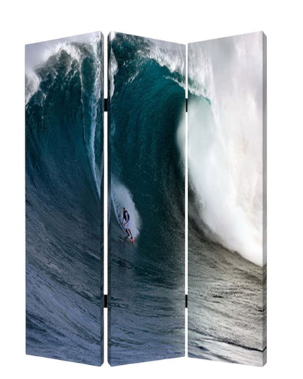 72" Blue And White Canvas Folding Three Panel Screen Room Divider