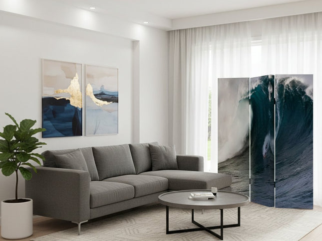 72" Blue And White Canvas Folding Three Panel Screen Room Divider