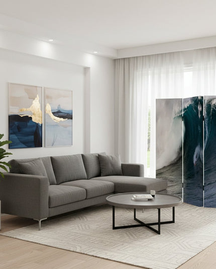 72" Blue And White Canvas Folding Three Panel Screen Room Divider