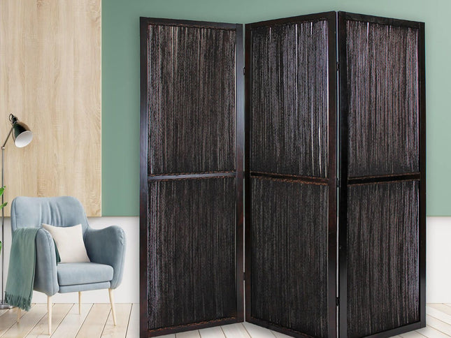 Dark Wood And Water Hyacinth 3 Panel Room Divider Screen