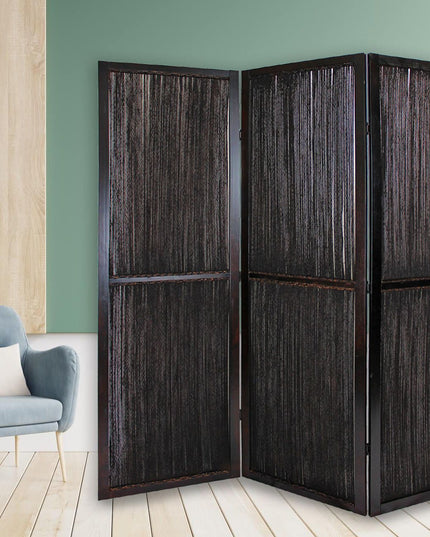 Dark Wood And Water Hyacinth 3 Panel Room Divider Screen