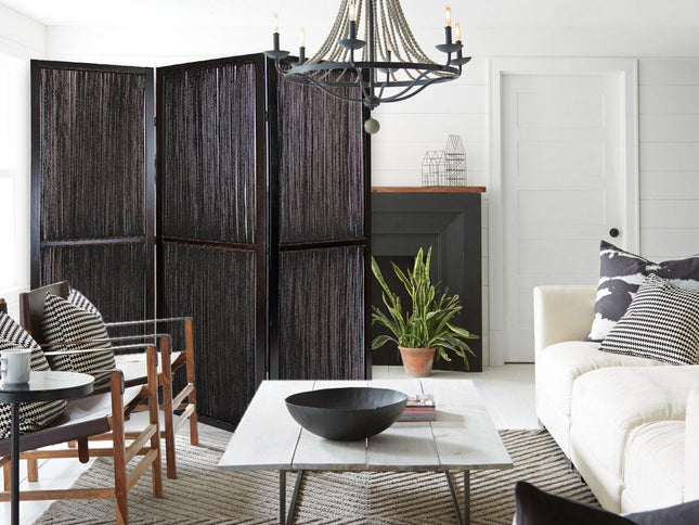 Dark Wood And Water Hyacinth 3 Panel Room Divider Screen
