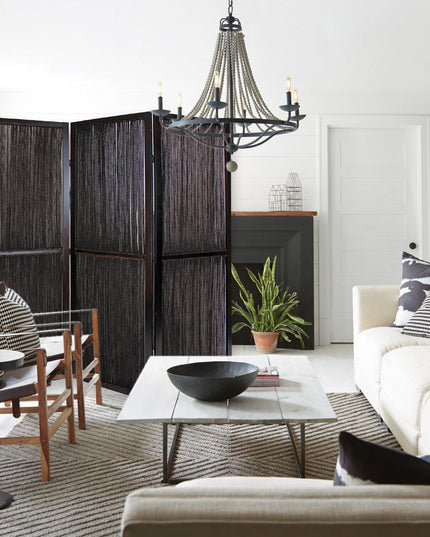 Dark Wood And Water Hyacinth 3 Panel Room Divider Screen