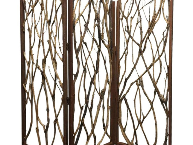 70" Brown Wood Branches Folding Three Panel Screen Room Divider