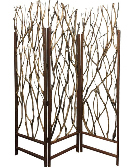 70" Brown Wood Branches Folding Three Panel Screen Room Divider