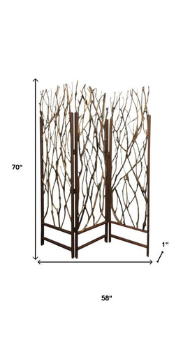 70" Brown Wood Branches Folding Three Panel Screen Room Divider