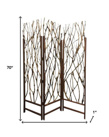 70" Brown Wood Branches Folding Three Panel Screen Room Divider