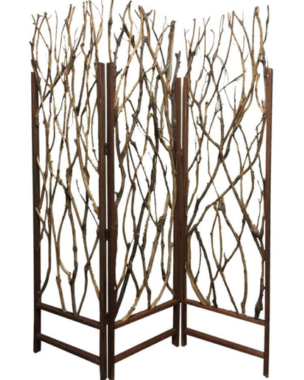 70" Brown Wood Branches Folding Three Panel Screen Room Divider