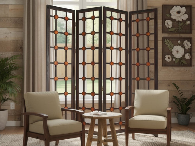 84" Brown Folding Four Panel Screen Room Divider