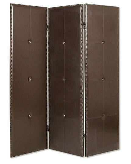 72" Brown Faux Leather Folding Three Panel Screen Room Divider
