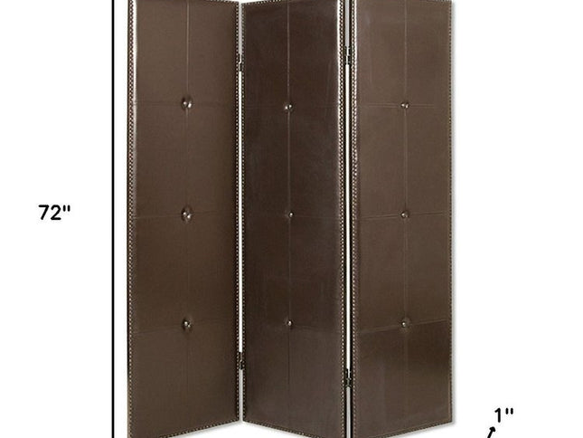 72" Brown Faux Leather Folding Three Panel Screen Room Divider