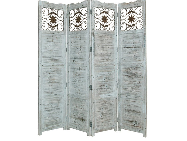 84" Blue Wood Folding Four Panel Screen Room Divider