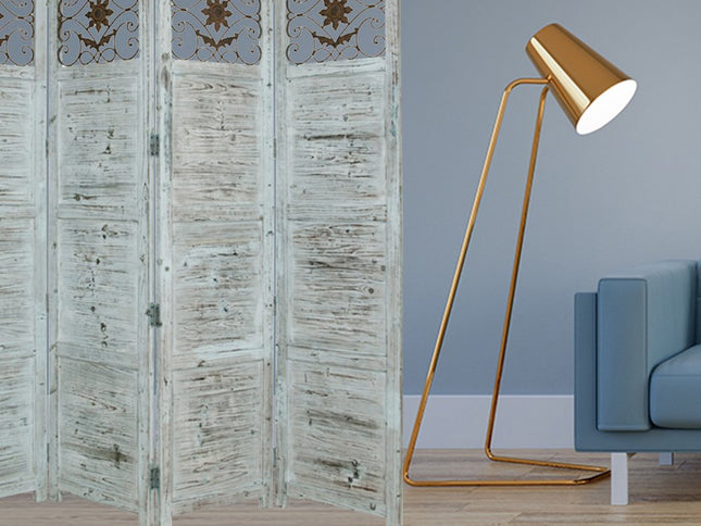 84" Blue Wood Folding Four Panel Screen Room Divider