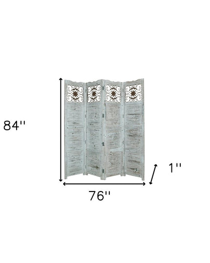 84" Blue Wood Folding Four Panel Screen Room Divider