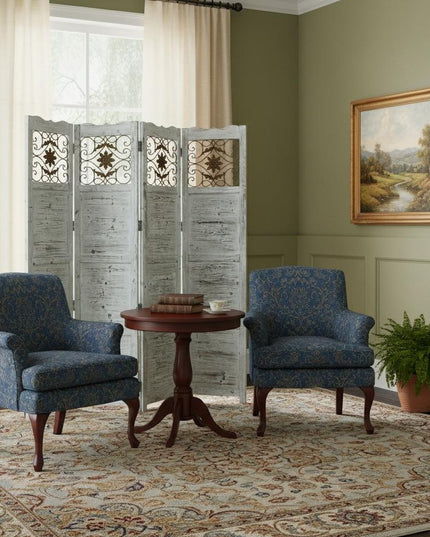 84" Blue Wood Folding Four Panel Screen Room Divider