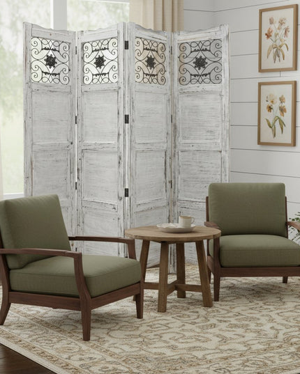 84" Blue Wood Folding Four Panel Screen Room Divider