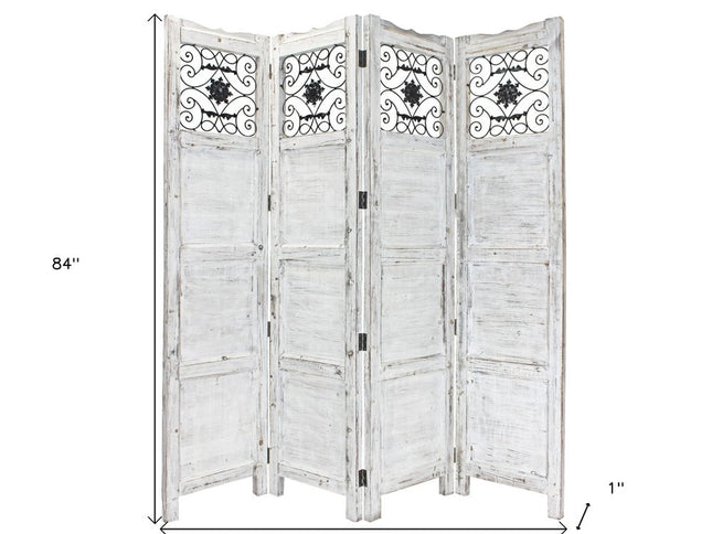 84" Blue Wood Folding Four Panel Screen Room Divider