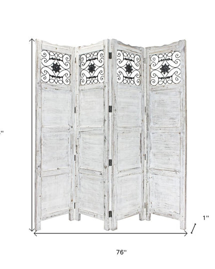 84" Blue Wood Folding Four Panel Screen Room Divider