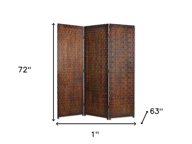 72" Brown Wood Folding Three Panel Screen Room Divider