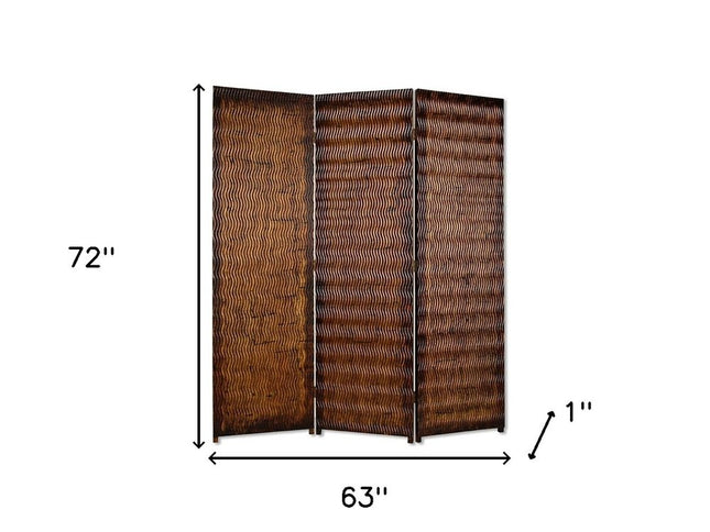 72" Brown Wood Folding Three Panel Screen Room Divider