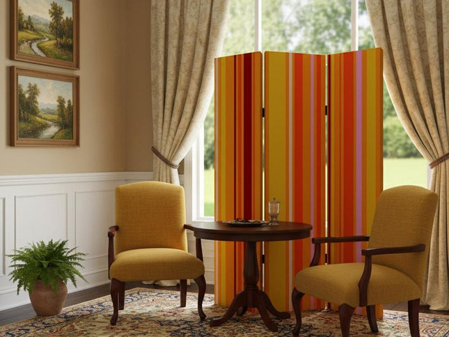 72" Orange And Yellow Canvas Folding Three Panel Screen Room Divider
