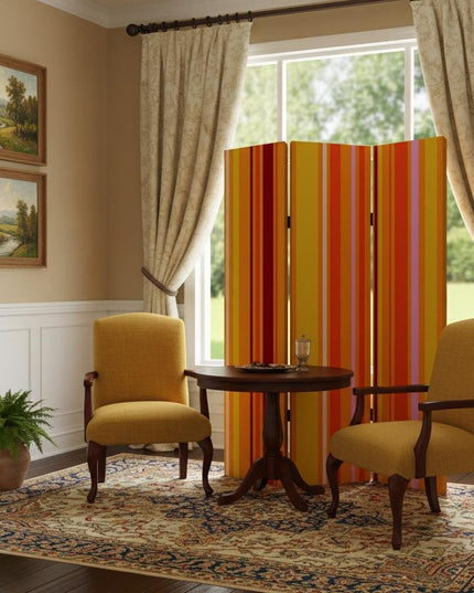 72" Orange And Yellow Canvas Folding Three Panel Screen Room Divider