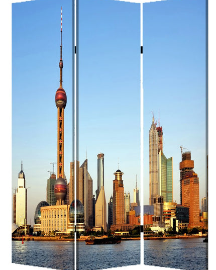 72" Blue Reversible China Cityscape Canvas Folding Three Panel Screen Room Divider