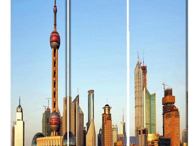 72" Blue Reversible China Cityscape Canvas Folding Three Panel Screen Room Divider