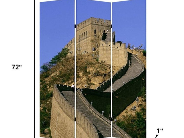 72" Blue Reversible China Cityscape Canvas Folding Three Panel Screen Room Divider