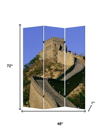 72" Blue Reversible China Cityscape Canvas Folding Three Panel Screen Room Divider