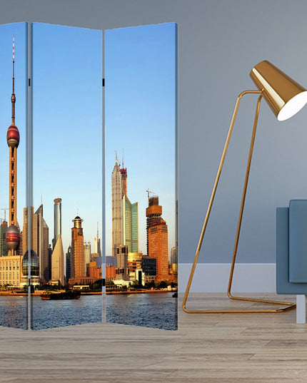 72" Blue Reversible China Cityscape Canvas Folding Three Panel Screen Room Divider