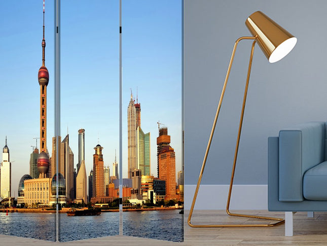 72" Blue Reversible China Cityscape Canvas Folding Three Panel Screen Room Divider