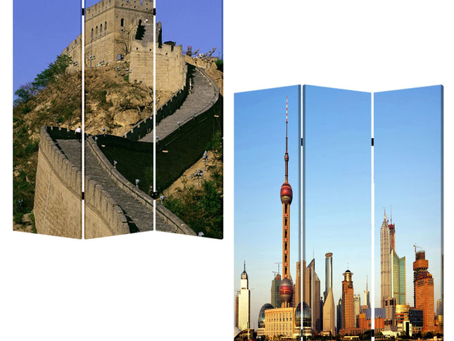 72" Blue Reversible China Cityscape Canvas Folding Three Panel Screen Room Divider