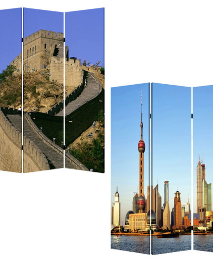72" Blue Reversible China Cityscape Canvas Folding Three Panel Screen Room Divider