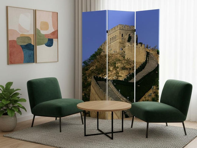 72" Blue Reversible China Cityscape Canvas Folding Three Panel Screen Room Divider