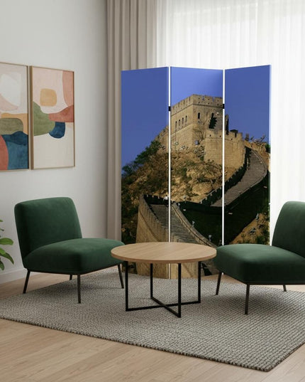 72" Blue Reversible China Cityscape Canvas Folding Three Panel Screen Room Divider