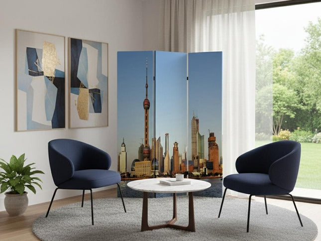 72" Blue Reversible China Cityscape Canvas Folding Three Panel Screen Room Divider
