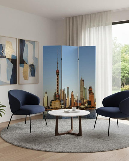 72" Blue Reversible China Cityscape Canvas Folding Three Panel Screen Room Divider