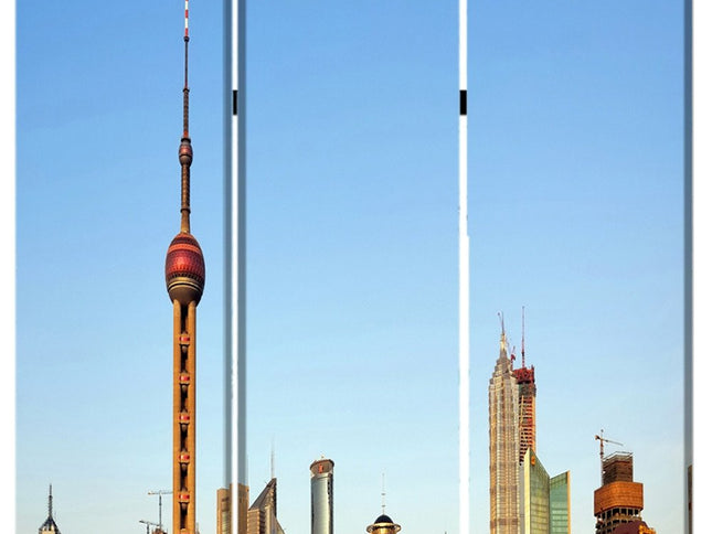 72" Blue Reversible China Cityscape Canvas Folding Three Panel Screen Room Divider