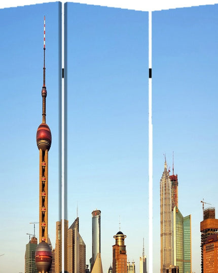 72" Blue Reversible China Cityscape Canvas Folding Three Panel Screen Room Divider