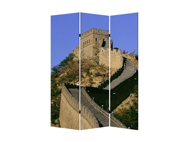 72" Blue Reversible China Cityscape Canvas Folding Three Panel Screen Room Divider