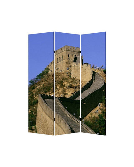 72" Blue Reversible China Cityscape Canvas Folding Three Panel Screen Room Divider