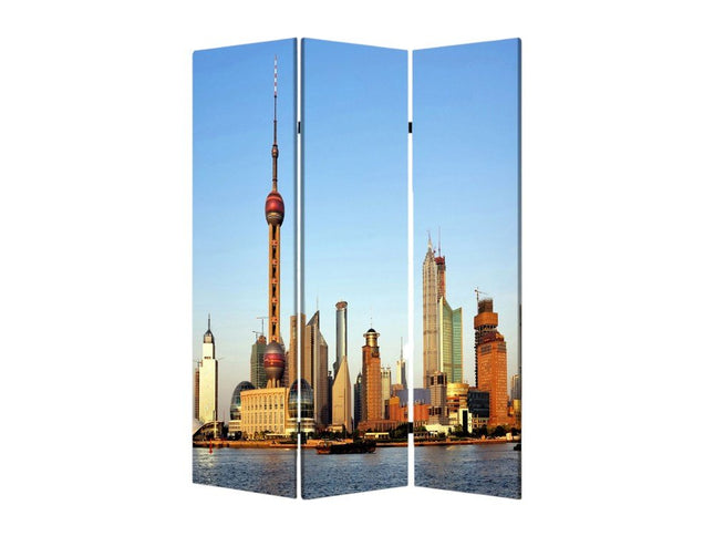 72" Blue Reversible China Cityscape Canvas Folding Three Panel Screen Room Divider